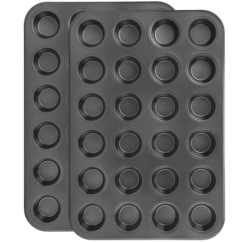 Beasea صينية مافن صغيرة غير لاصقة من Beasea 24 كوبًا، 2 عبوة 24 كوب صغير صغير غير لاصق صينية خبز مافن صينية من الفولاذ الكربوني صينية خبز كب كيك فردية - أسود - Image 1